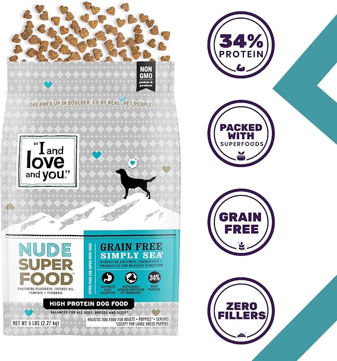 I AND LOVE AND YOU Nude Super Food Dry Dog Food - Salmon + Whitefish - Prebiotic + Probiotic, Grain Free, Real Meat, No Fillers, 23lb Bag