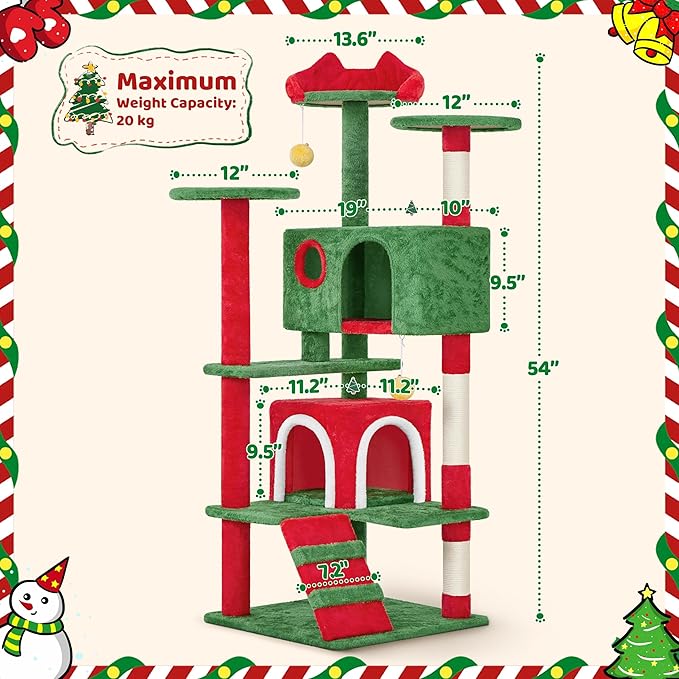 Yaheetech 54in Christmas Cat Tree, Multi-Level Cat Tower with Spacious Kitten-Ear Perch, 2 Cozy Caves, Scratching Posts, Climbing Ladder, 2 Plush Balls for Indoor Kittens, Red/Green