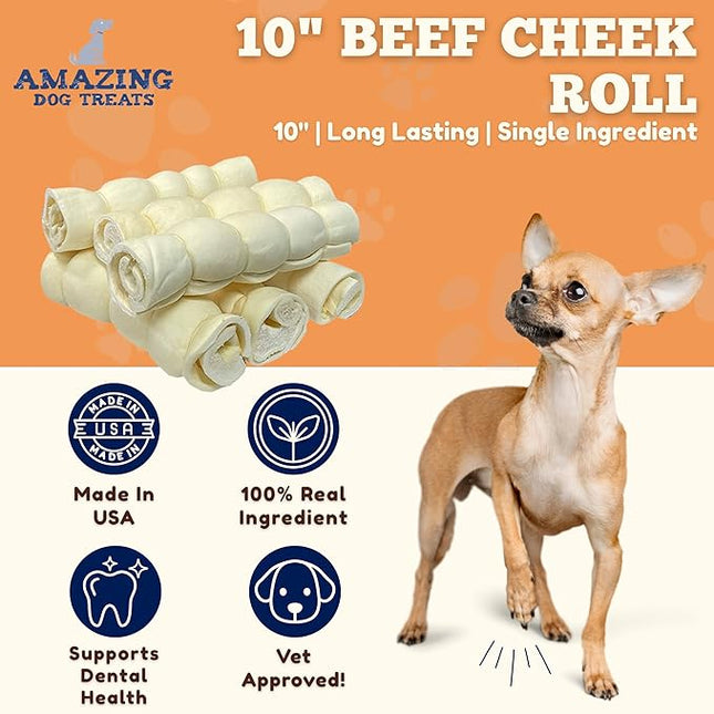 Amazing Dog Treats - Beef Cheek Rolls (10 Inch Regular - 30 Pcs) - Safe Rawhide Alternative Dog Chew - Great for Power Chewers - Long Lasting Dog Chew - Retriever Rolls