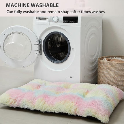 BFPETHOME Dog Beds for Large Dogs, Plush Dog Crate Bed Fluffy Cozy Kennel Pad for Sleeping &Ease Anxiety, Washable Pet Mats with Anti-Slip Bottom for Large Medium Dogs, Pet Bed, Rainbow