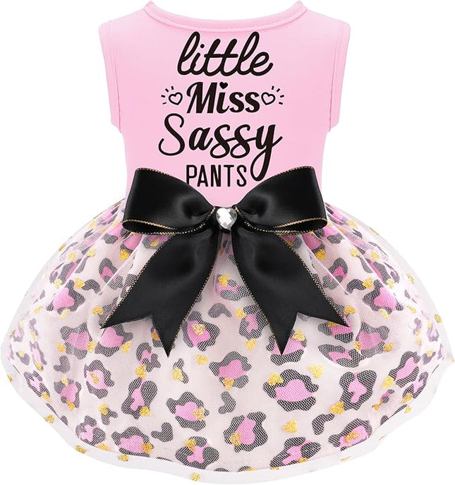 Little Miss Sassy Pants Dog Dress with Leopard Print Bowknot Dog Clothes for Small Medium Large Dogs Girls Boys Cats Outfit Apparel