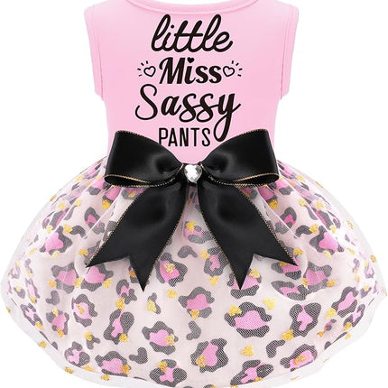 Little Miss Sassy Pants Dog Dress with Leopard Print Bowknot Dog Clothes for Small Medium Large Dogs Girls Boys Cats Outfit Apparel