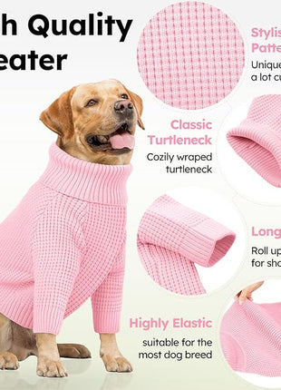 Queenmore XXL Dog Sweater, Large Dog Sweaters for Male Dogs, Turtleneck Plaid Kintsweaters for Large Breeds, Cold Weather Pullover Pet Clothes, Pink 2XL