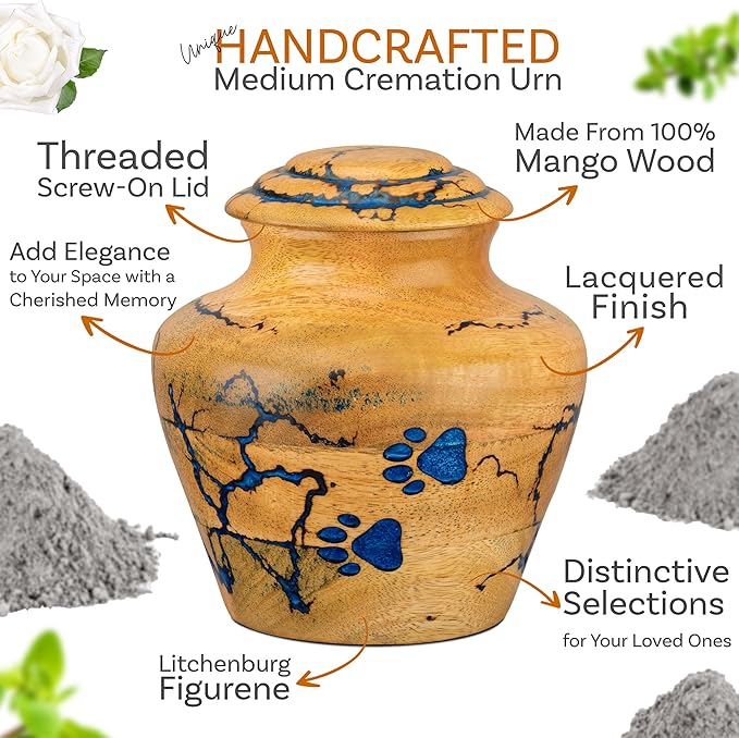 INTAJ Wooden Pet Urns for Dogs/Cats Ashes - Blue Resin Paws & Lichtenburg Design - Keepsake Cremation Urn Box, Pet Memorial Wooden Urns for Ashes, Small to Large Sizes (Classic, Medium)