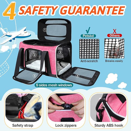 Petskd Top-Expandable Pet Carrier 17x12x8.5 Inches JetBlue Allegiant Spirit Airline Approved, Soft-Sided Carrier for Small Cats and Dogs with Locking Safety Zippers and Anti-Scratch Mesh(Pink)