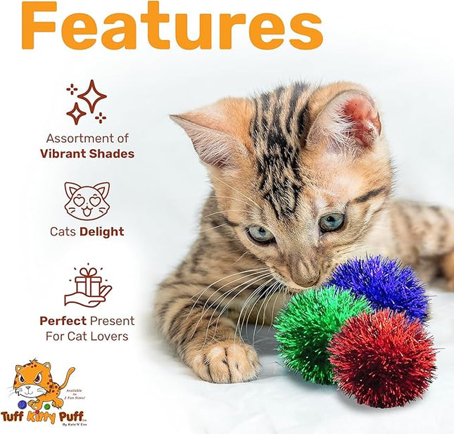 Tuff Kitty Puff Sparkle Ball Cat Toy - (1.5 inch) - Fluffy and Exciting Sparkle for Your Feline Friend - Assorted Colors - 6 Pack