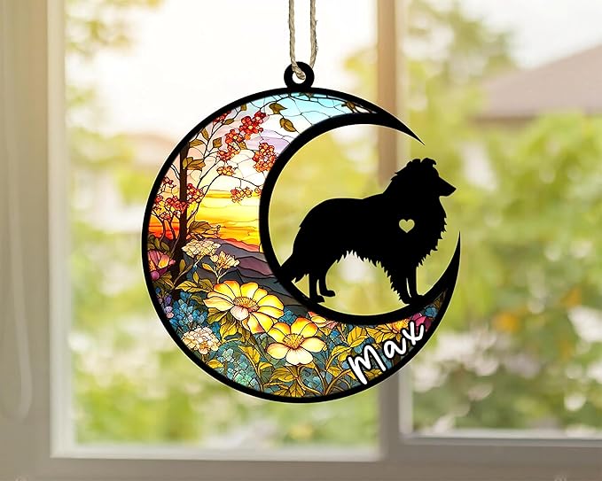 NAZENTI Shetland Sheepdog-Sheltie Hanging Ornament, Personalized Pet Memorial Suncatcher with Name, Christmas Gift for Dog Lovers