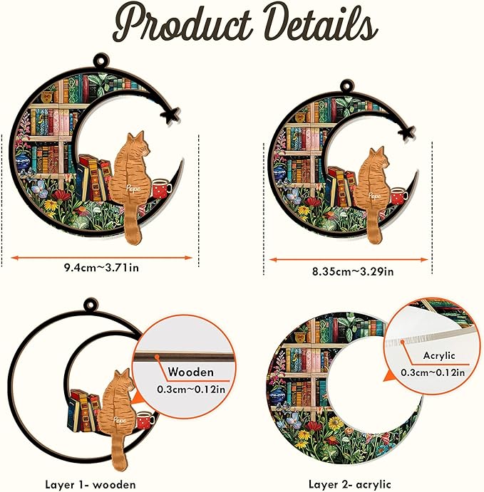 Personalized Pet Memorial Suncatcher – Custom Cat Book Suncatcher with Name & Breed, Memorial Keepsake for Cat Lovers, Home Décor Gift for Nerds, Librarians & Readers