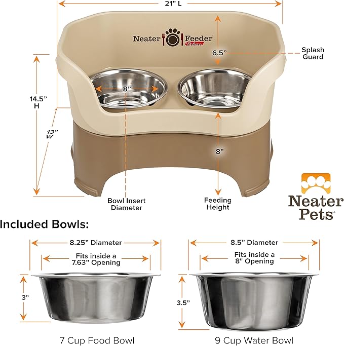 Neater Pet Brands Neater Feeder Deluxe Mess Proof Dog Bowls Elevated for Large Dogs Over 40 lbs, Made in USA, No Spill Raised Dog Food Bowl Stand Feeding Station, Food and Water Bowl Set, Cappuccino