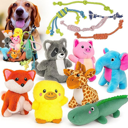 Jalousie Multipack Dog Squeaky Toys Bulk Bundle Pup Toy - Puppy Toys for Pets for Small Medium Breed (12 Pack Rope and Plush Animals)