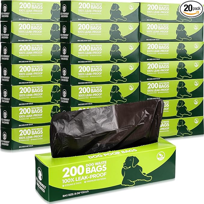 Sherr 20 Boxed Rolls 4000 Counts Dog Poop Bags Bulk Leak Proof Dog Waste Bags Universal Pet Doggy Waste Poop Box for Puppy Pets Outdoor Walking and Travel, 20 Rolls of 200 (Black,13 x 9 Inches)