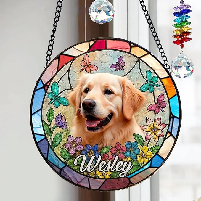 Gabita Custom Pet Portrait Stained Glass Window Hanging, Memorial Dog Portrait Art Light Catcher, Dogs Ornament Christmas Tree, Dog Sympathy Gift, Pet Memorial Ornament