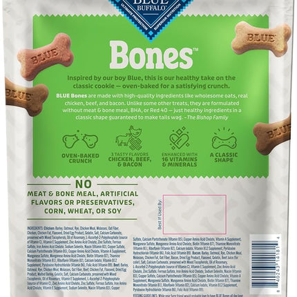 Blue Buffalo Bones Small Natural Dog Treats, Crunchy Dog Biscuits, Assorted Flavors - Beef, Chicken, Bacon Flavors, 16-oz. Bag (4 Pack)