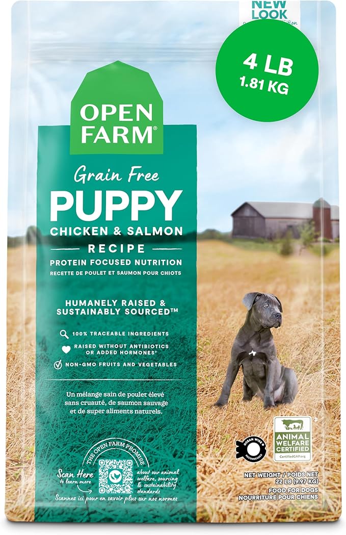 Open Farm, Grain-Free Dry Dog Food for Puppies, Protein-Packed Kibble, Sustainably & Ethically Sourced Ingredients, Non-GMO Veggies & Superfoods, Chicken & Salmon Puppy Recipe, 4lb Bag