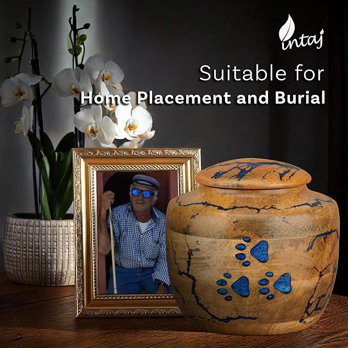 INTAJ Wooden Pet Urns for Dogs/Cats Ashes - Blue Resin Paws & Lichtenburg Design - Keepsake Cremation Urn Box, Pet Memorial Wooden Urns for Ashes, Small to Large Sizes (Odyssey, Large)