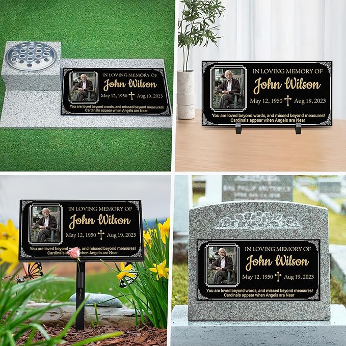 HDSD 12x6'' Personalized Pet Memorial Stones Black Granite Headstones for Dogs Laser Engraved with Photo (Gold Font + Photo Tile)