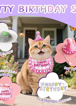 Cat Birthday Supplies,Outfit Bandana,Party Hat with Number,Catnip Mice Toy,Decoration Bundle with Banner,Ballons,Gift Set for Boy&Girl Kitten-Blue