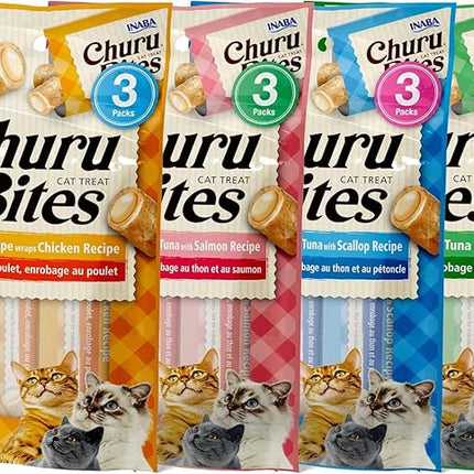 INABA Churu Bites for Cats, Soft Baked Chicken Churu Filled Cat Treats with Green Tea Extract, 0.35 Ounces Each Tube, 12 Tubes Total, 4 Flavor Variety