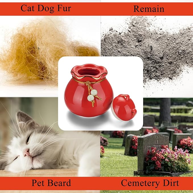 SOITIS Engraving Customized Pet Memorial Urn for Cat or Dog Ashes - 3.54"x3.15" Elegant Ceramic Keepsake Holder with Cat-Shaped Lid & Gold Trim, Small Red Urn for Pet Ashes