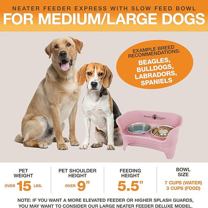 Neater Feeder - Express Model w/Slow Feed Bowl - Mess-Proof Dog Bowls (M/L, Pink) Made in USA – Elevated, No Spill, Non-Tip, Non-Slip, Raised Stainless Steel Food/Water Pet Bowls Aid Digestion