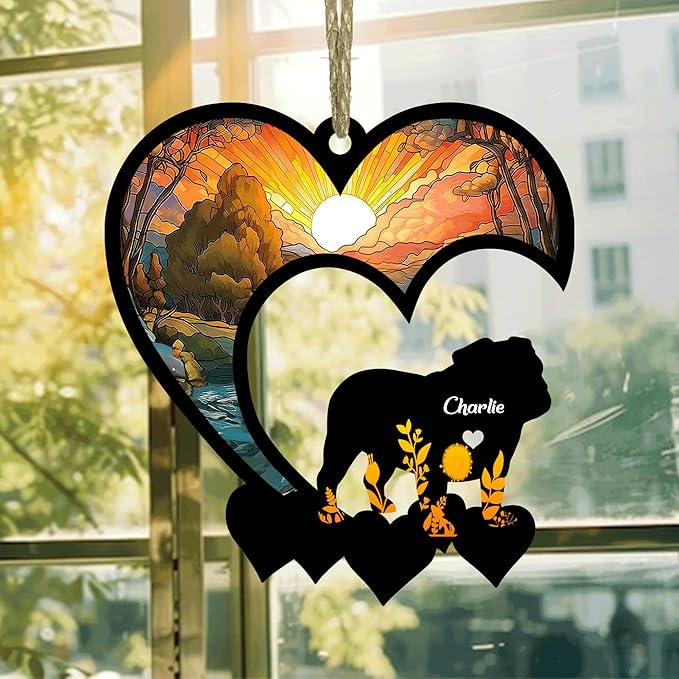 LOVELYPOD Bulldog Pet Memorial Suncatcher Ornament, Personalized Memorial with Name, Dog Loss Sympathy Gift, Fiber Wood, Acrylic Plexiglass