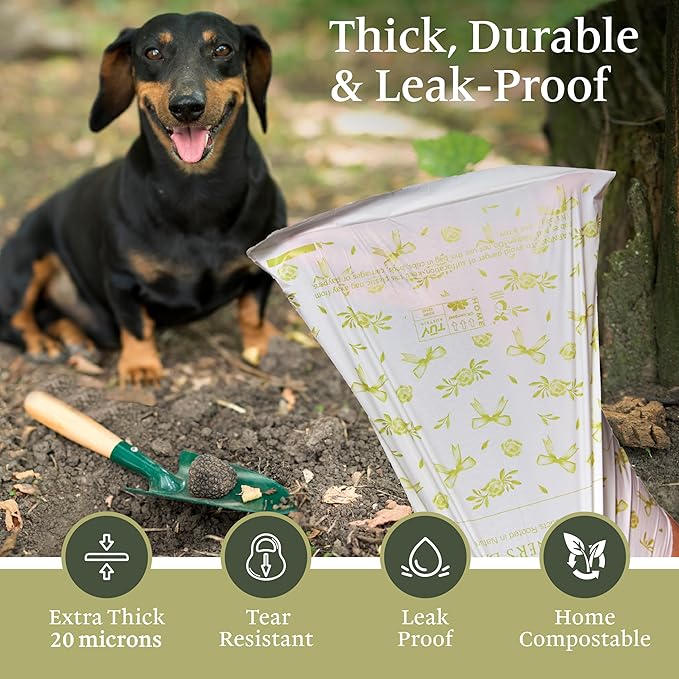 Compostable Dog Poop Bags – Lavender Scented, 120 Count | Leak-Proof, Extra Thick, Earth-Friendly | Elegant White with Green Ribbon Print | Fits Standard Dispensers by The Gardener’s Daughter