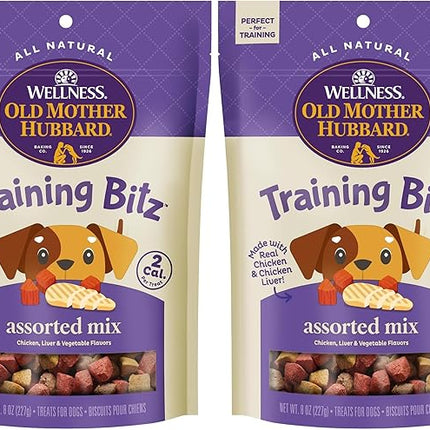Old Mother Hubbard Wellness Training Bitz Assorted Mix Dog Biscuits, Natural, Training Treats, Three Flavors, Small Size, (8 Ounce Bag) (Pack of 2)