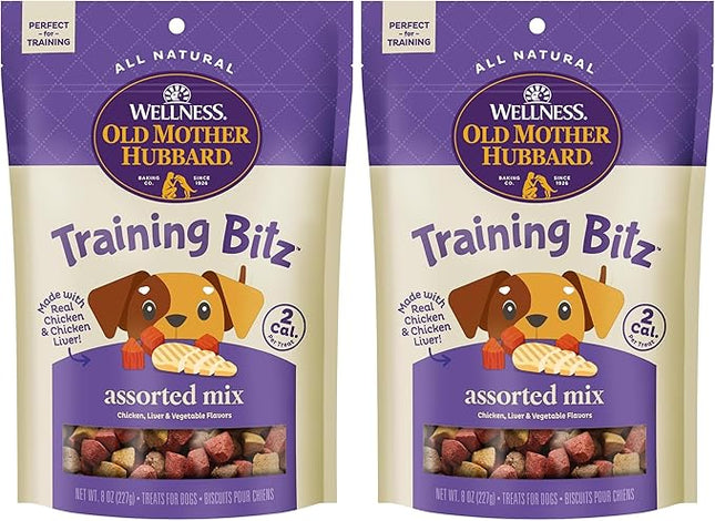 Old Mother Hubbard Wellness Training Bitz Assorted Mix Dog Biscuits, Natural, Training Treats, Three Flavors, Small Size, (8 Ounce Bag) (Pack of 2)