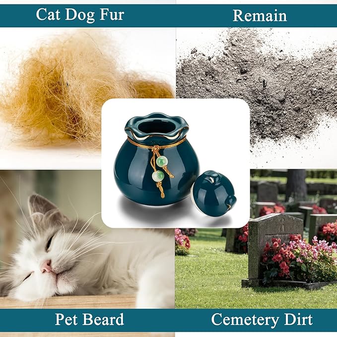 SOITIS Engraving Pet Memorial Urn for Cat or Dog Ashes - 3.54"x3.15" Elegant Ceramic Keepsake Holder with Cat-Shaped Lid & Gold Trim, Small Green Urn for Pet Ashes