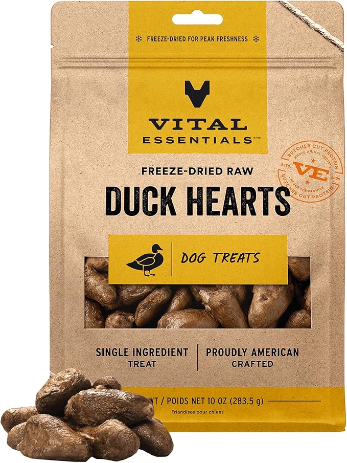 Vital Essentials Duck Hearts Dog Treats, 10 oz | Freeze-Dried Raw | Single Ingredient | Premium Quality High Protein Training Treats | Grain Free, Gluten Free, Filler Free