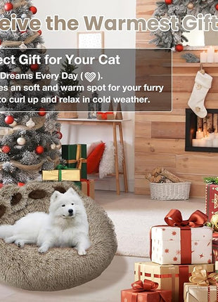 Calming Dog Bed Cat Bed Medium Size Dog - Donut Washable Medium Pet Bed, Warm Kitten Nest 24 inches Anti-Slip Round Fluffy Plush Faux Fur Cat Bed, Fits up to 25 lbs Pets, (Premium Brown)