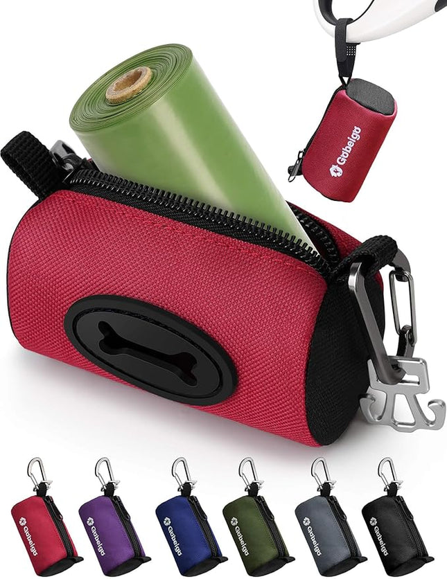 Gobeigo Dog Poop Bag Holder for Leash, Large Opening for Easy Pull Out, Doggy Poo Bag Dispenser with Used Waste Bag Carrier Suitable for Any Retractable Leash with 15 Unscented Bags (Red)
