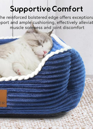 Cat Dog Bed for Pets, Rectangle Pet Bed Gift for Puppy and Kitten, Machine Washable Calming Fluffy Pet Couch Sofa for Indoor Outdoor, Portable Soft Cat Bed with Non-Slip Bottom (Small, Blue)
