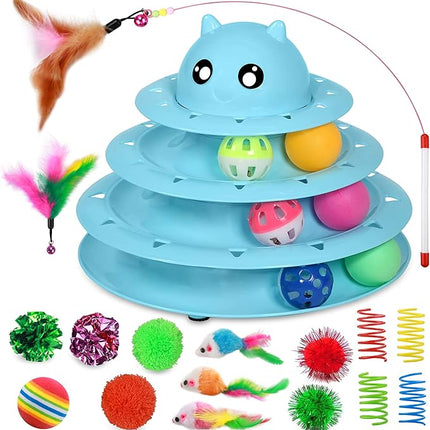 UPSKY 20 PCS Cat Roller Toy 3-Level Turntable for Indoor Cats - Kitten Set With Teaser, Mice, Spring, and Various Ball Toys