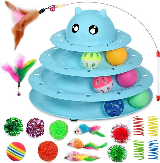 UPSKY 20 PCS Cat Roller Toy 3-Level Turntable for Indoor Cats - Kitten Set With Teaser, Mice, Spring, and Various Ball Toys