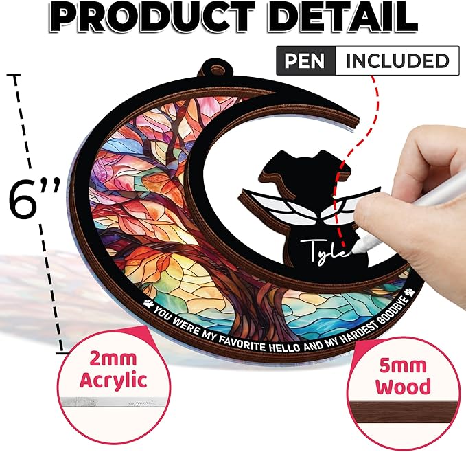 6" Dog Angel Memorial Suncatcher, Engraved Pet Memorial Ornament, Pet Sympathy Keychain, Loss of Animal Sympathy Card, Rainbow Bridge Dog Loss Gift, My Favorite Hello Hardest Goodbye PS190