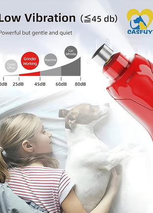 Casfuy Dog Nail Grinder Quiet - (45db) 6-Speed Pet Nail Grinder with 2 LED Lights for Large Medium Small Dogs/Cats, Professional 3 Ports Rechargeable Electric Dog Nail Trimmer with Dust Cap(Red)