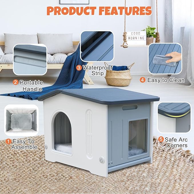 Waterproof Outdoor Cat House with Escape Door, Plastic Cat House for Feral Cats Outdoor Cat House with Mat, Sturdy Cat House for Outdoor Cats, Assemble Easily-Grey