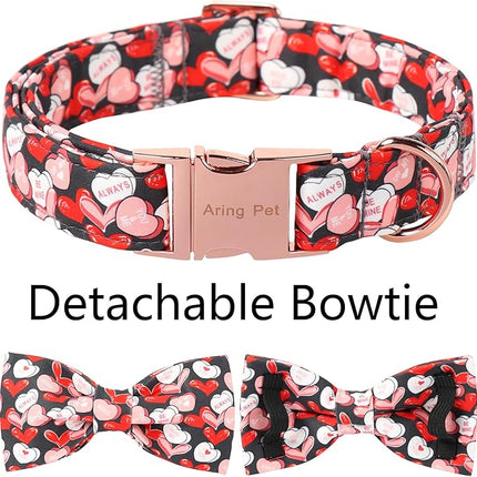 ARING PET Valentine's Day Dog Collar with Bow, Cute Black Heart Pets Detachable Bow Tie Collars for Puppy Small Medium Large Girl Boy Dogs-S