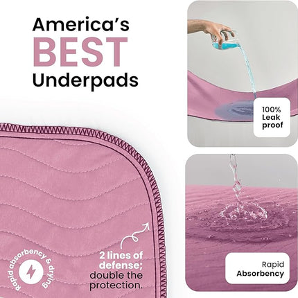 IMPROVIA® Washable Underpads, Heavy Absorbency Reusable Incontinence Pads for Kids, Adults, Elderly, and Pets, Waterproof Protection Floor (Pink and White, 34" x 52" - Pack of 2)