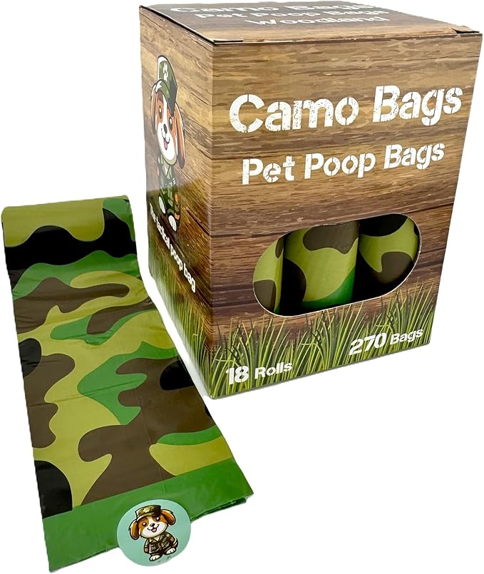 Pet poop bags with a camouflage pattern. Dog poop bags rolls for dog walking, dog parks, and the yard.