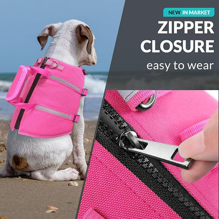 Queenmore Large Dog Life Jacket, Floating Vest for Swimming and Boating, Lightweight Adjustable Reflective Lifesaver With Back Zip, Rescue Handle, Leash Hook (Fuchsia L)