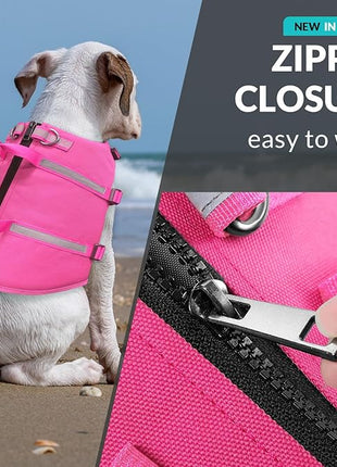 Queenmore XXL Dog Life Jacket, Floating Vest for Boating, Lightweight Adjustable Reflective Lifesaver with Back Zip, Rescue Handle, Leash Hook (Fuchsia XXL)