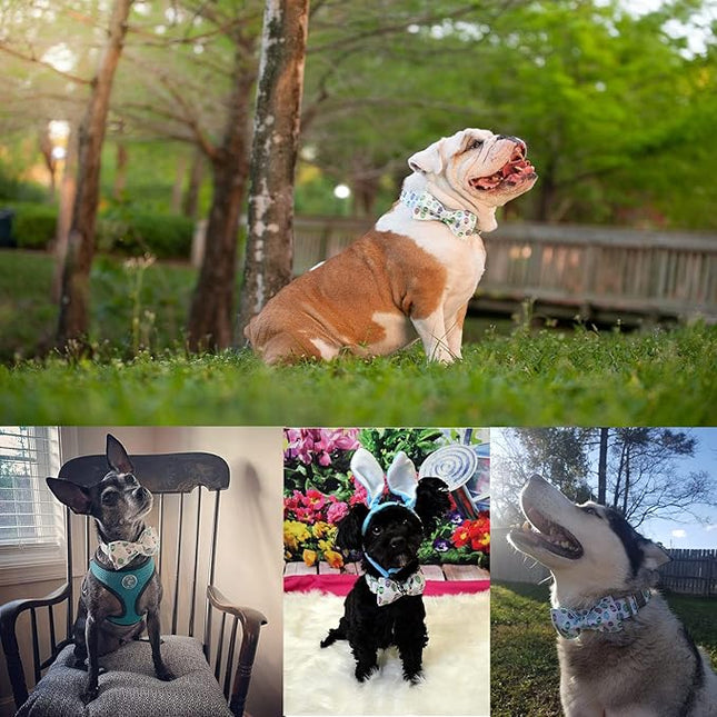 Easter Dog Collar with Bow Tie - Adjustable Easter Eggs Dog Collar Classic Bowtie Metal Buckle Puppy Collars for Small Medium Large Dogs S