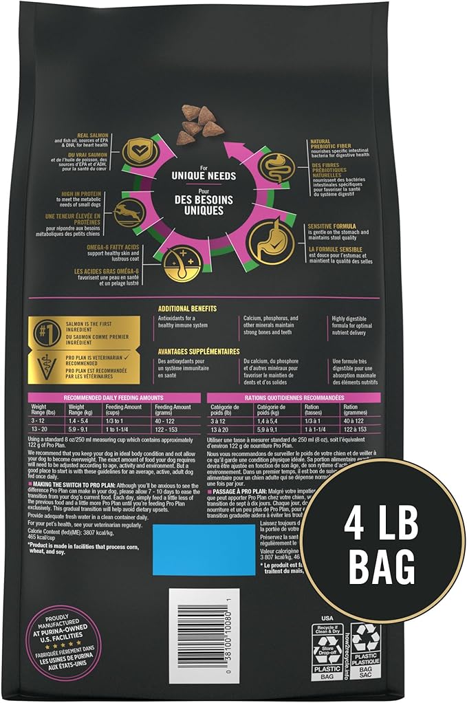 Purina Pro Plan Sensitive Skin and Stomach Dog Food Small Breed, Adult Salmon & Rice Formula - 4 lb. Bag