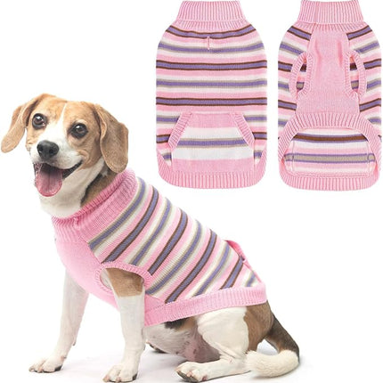 BINGPET Turtleneck Dog Sweater for Small Medium Large Dogs Boy or Girl,Warm Knitted Pullover Pet Sweaters,Colorful Striped Puppy Sweater with Cute Pocket,Great Gift for Pet in New Year(Pink,XS)