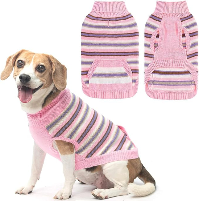 BINGPET Turtleneck Dog Sweater for Small Medium Large Dogs Boy or Girl,Warm Knitted Pullover Pet Sweaters,Colorful Striped Puppy Sweater with Cute Pocket,Great Gift for Pet in New Year(Pink,XS)