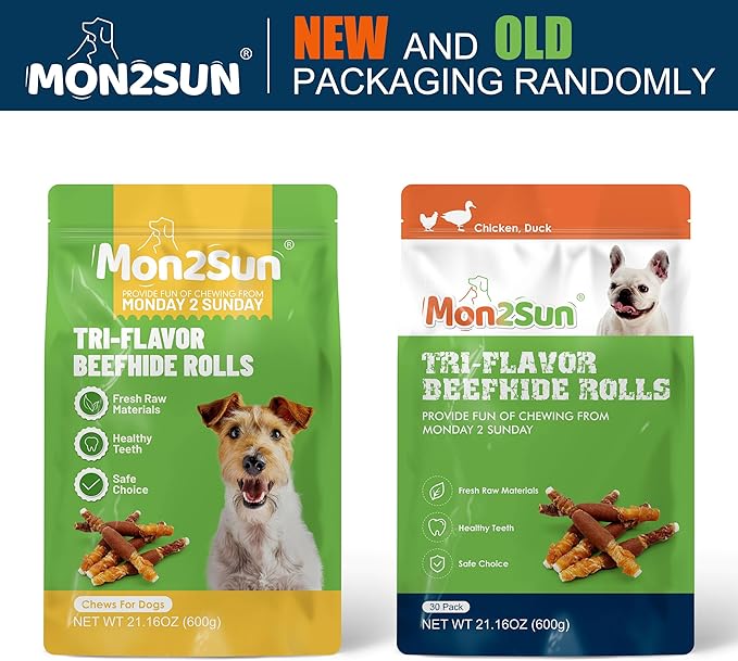 MON2SUN Dog Treats, Triple Flavor 5 Inch Chicken Liver Duck and Chicken Wrapped Rawhide Snacks for Small and Medium Dogs, 21.16 Oz (30 Count-Pack of 1)