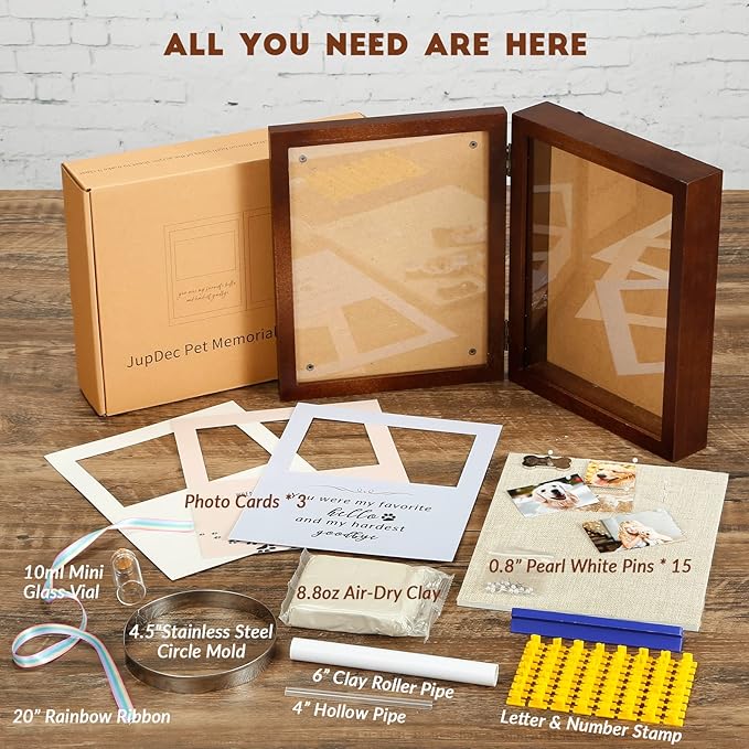 JupDec Dog Memorial Gifts Pet Shadow Box Wooden Picture Frame with Clay Paw Print Kit for Loss of Dog & Cat Remembrance Sympathy Deep Display Case for Keepsake Collar Hair (Brown)