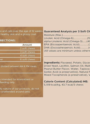 Omega for Dogs - 180 Delicious Soft Chews - Salmon Oil Treats for Skin and Coat, Itch Relief - Fish Oil Blend of Essential Fatty Acids, Omega 3, 6, and 9, and Vitamins - Peanut Butter Flavor